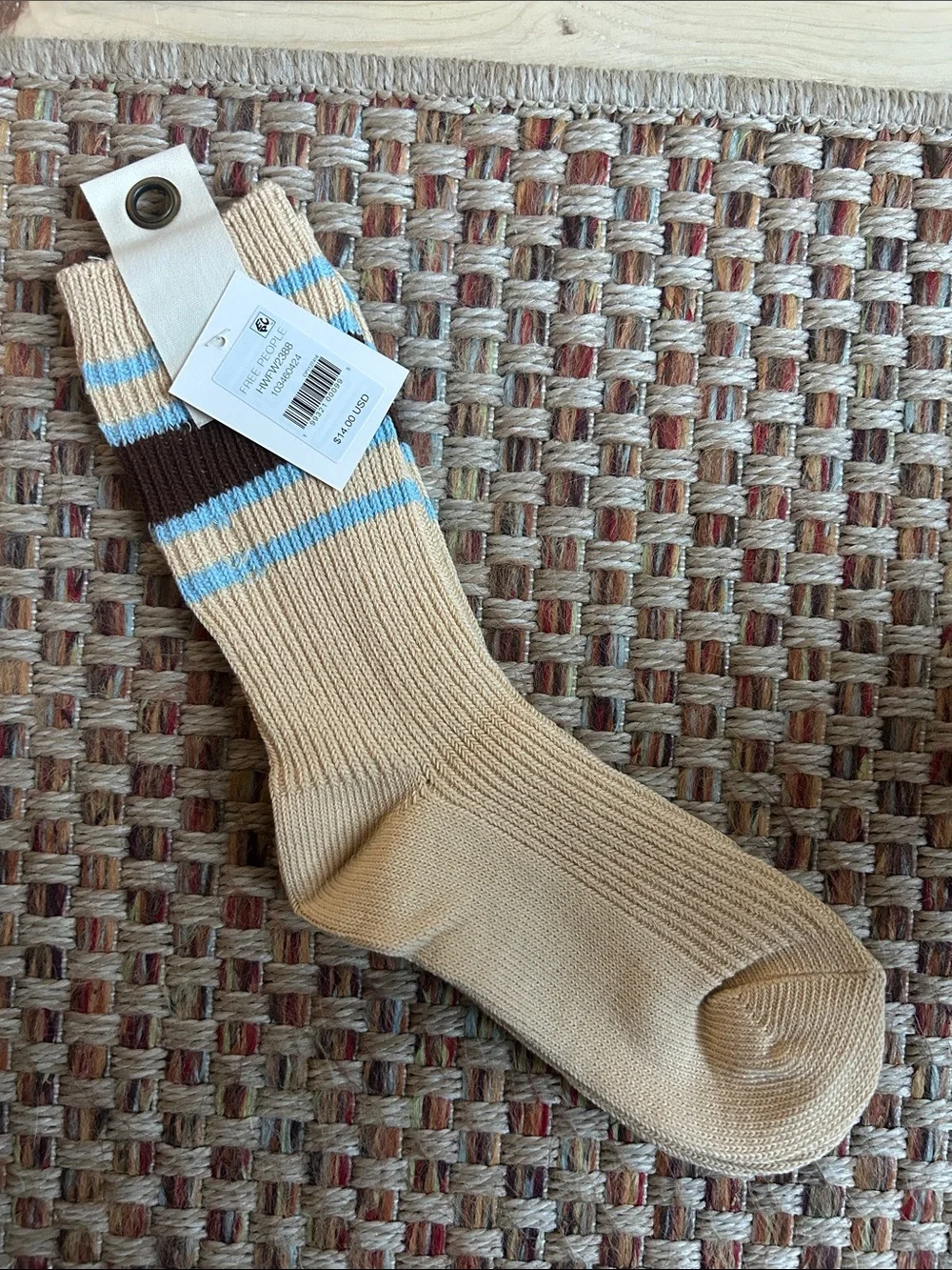 Free People Cream Crew Socks with Blue and Brown Stripe Accents